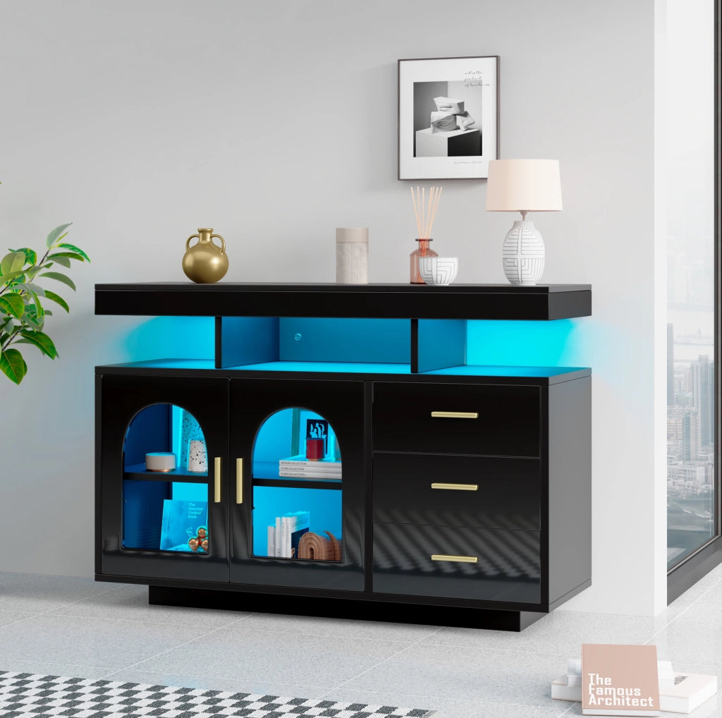 Sideboard buffet moderno 120x40x80 cm in truciolare nero lucido con LED RGB e ante in acrilico