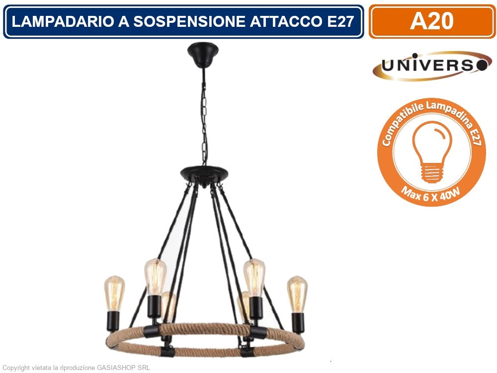 LAMPADARIO A SOSPENSIONE COUTRY RUSTICO IN CORDA DI FORMA CIRCOLARE CON 6 ATTACCHI E27