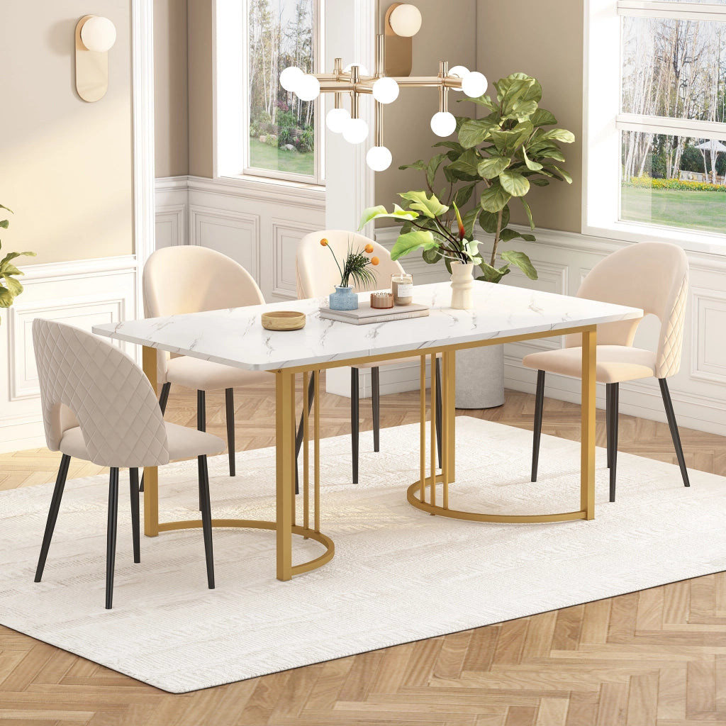 Tavolo da pranzo per 6 persone con 6 sedie, stile moderno, in MDF, metallo e velluto, beige e oro, 140 × 80 × 75 cm