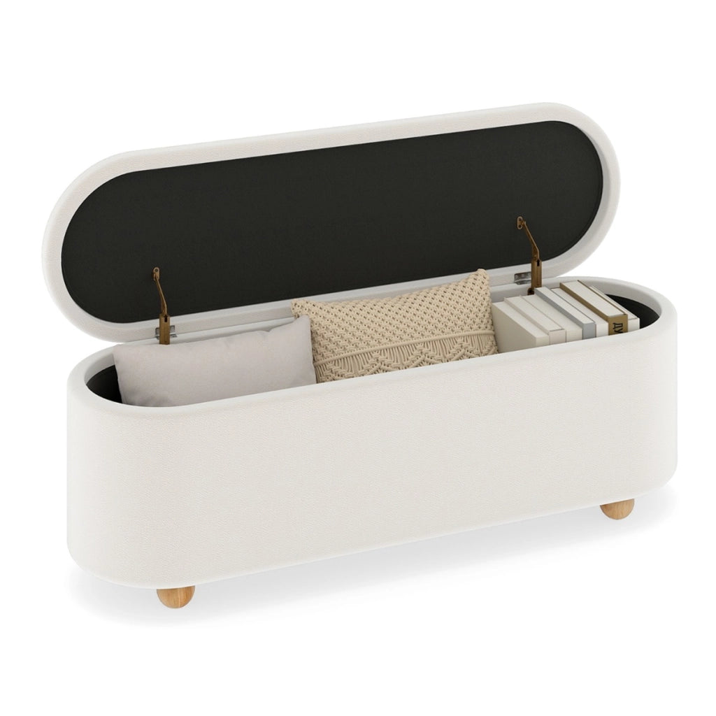 Panca contenitore ovale imbottito 139 cm coperchio ribaltabile, Panca contenitore gambe in legno di caucci¨´ Bianco-Sgabelli