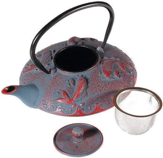 Teiera in ghisa con caraffa e filtro a sabbia - Capacità 08L - Decorazione giapponese - Asiatica - Grigio e Rosso