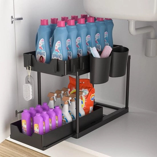 Organizzatore a doppia altezza sotto il lavandino con 4 ganci - contenitore per la cucina con ante scorrevoli - aiuto per la cucina con organizzatore del lavello