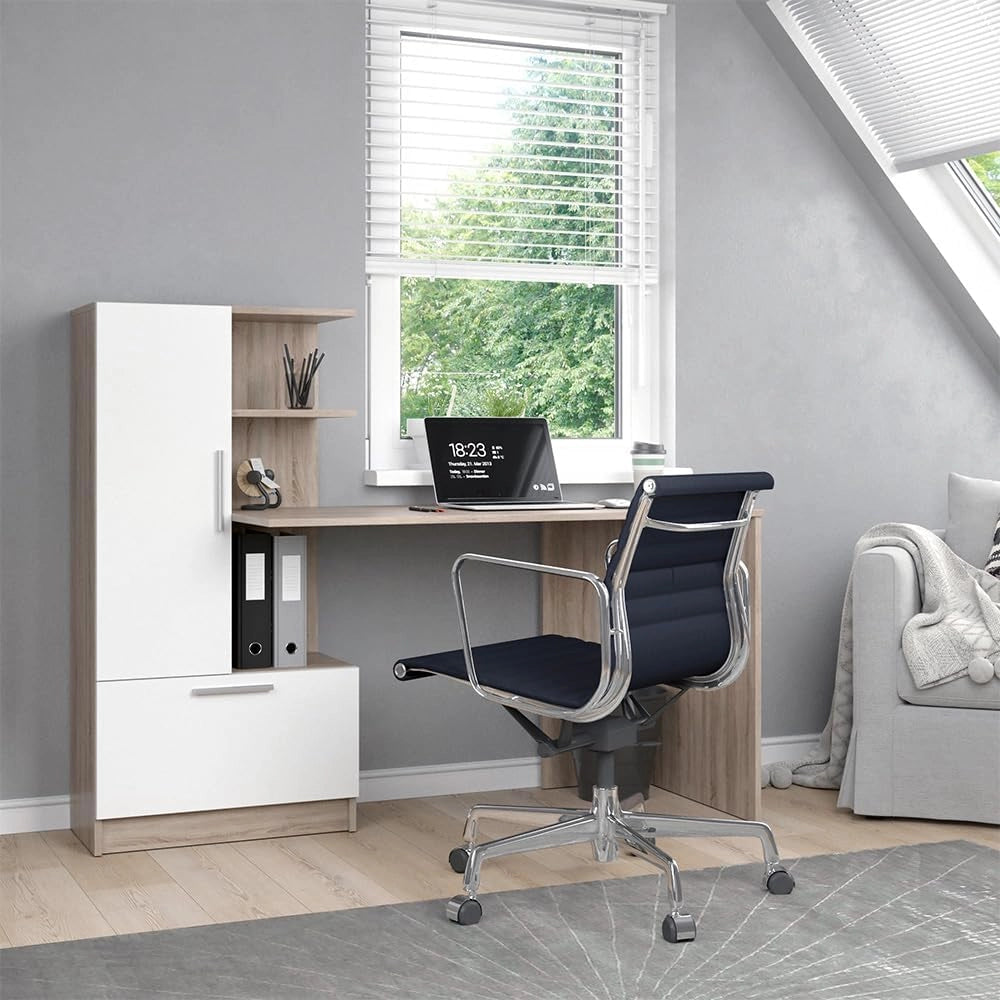 Scrivania con ripiani Tomy, Sonoma/Bianco, 150 x 59 cm, con ripiani aperti per una conservazione organizzata