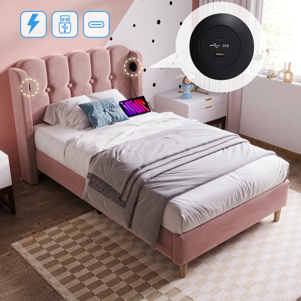 Letto singolo imbottito rosa 90x200 cm in velluto con USB e Type-C