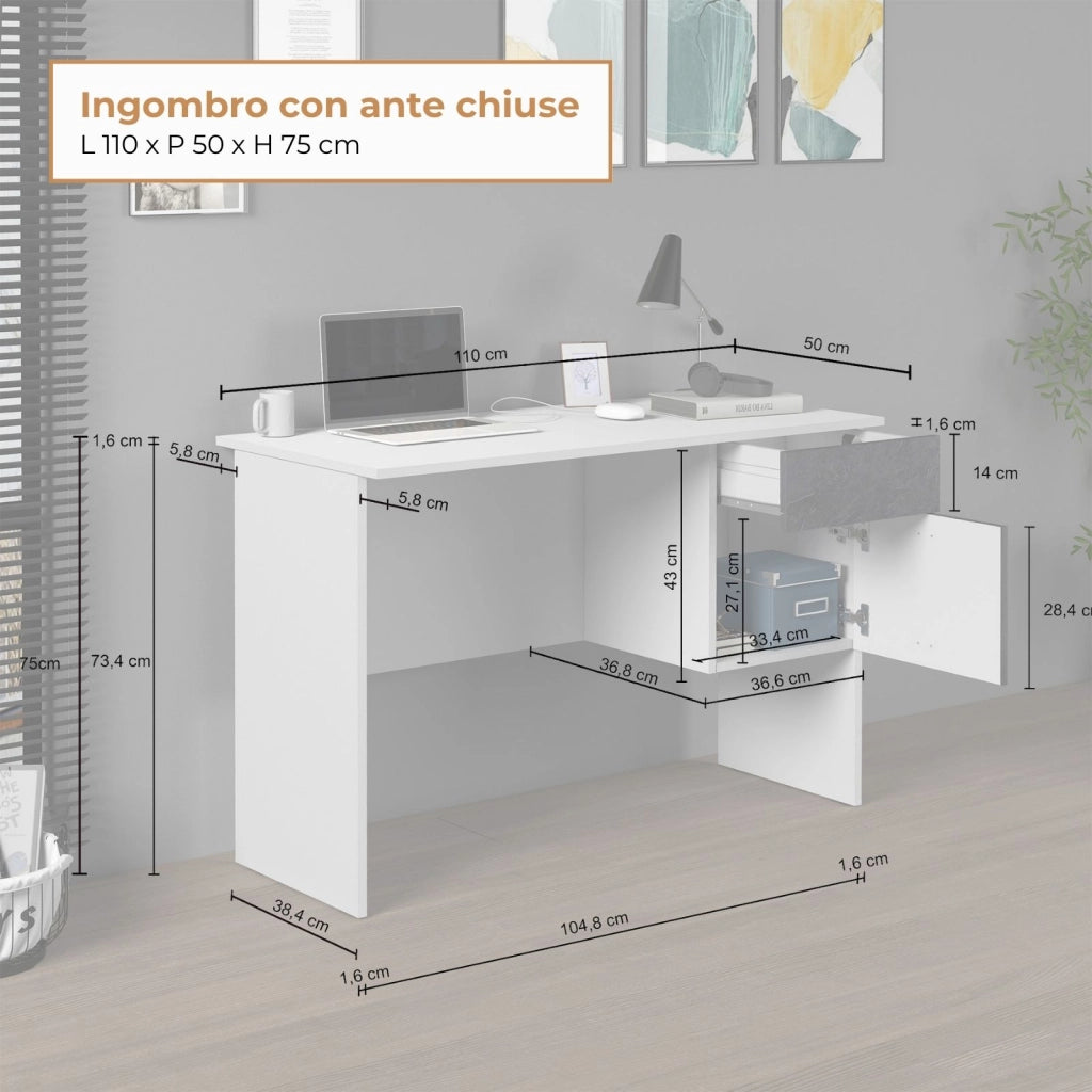 WHOUS Scrivania Easy 1 anta e 1 cassetto bianco opaco e report 110x50x75 cm
