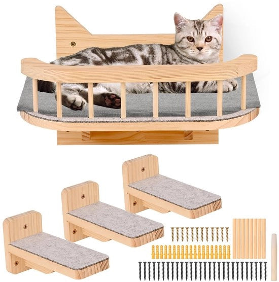Porta gatti in legno - Scaffale per gatti - Parete per gatti - Scivoli antiscivolo - Sfregatura per gatti - Materasso per gatti - Costruito in legno di alta qualità massiccio