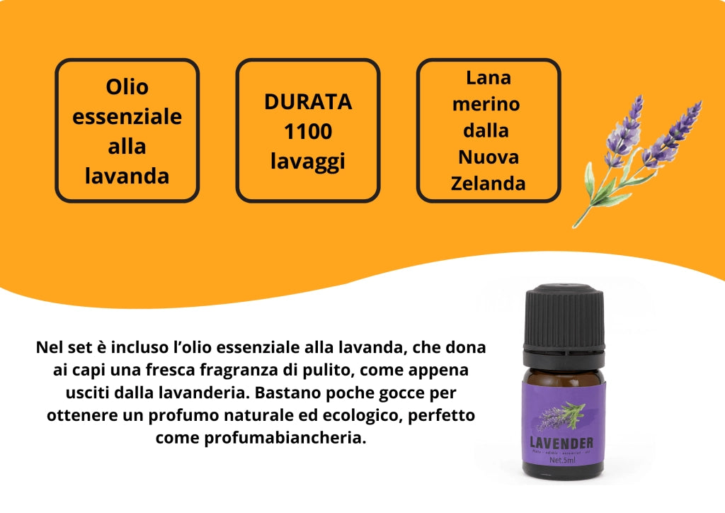 6 Palline per Asciugatrice in Lana Merino Naturale della Nuova Zelanda con Olio Essenziale alla Lavanda