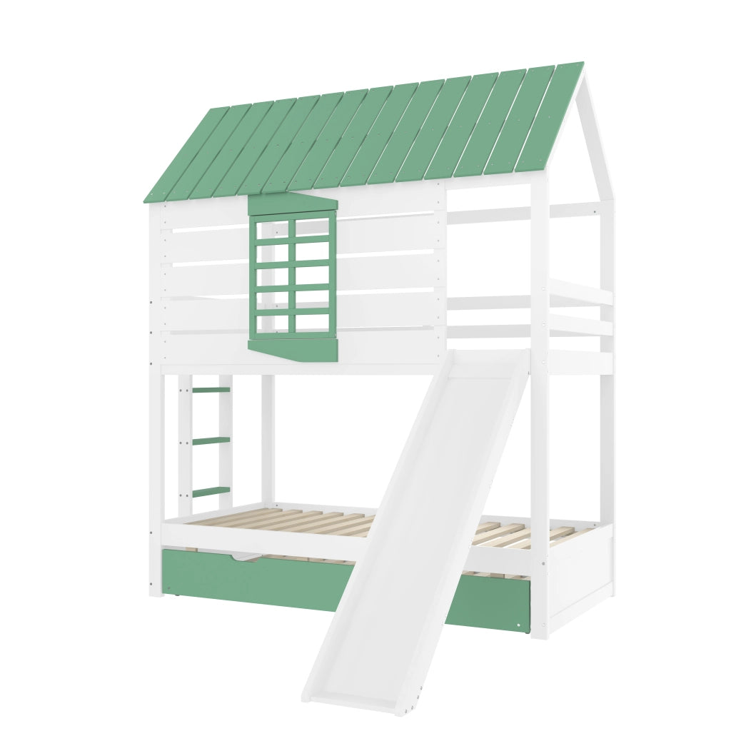LETTO A CASTELLO IN FORMA DI CASA 90x200 cm CON SCIVOLO E LETTO ESTRAIBILE BIANCO/VERDE