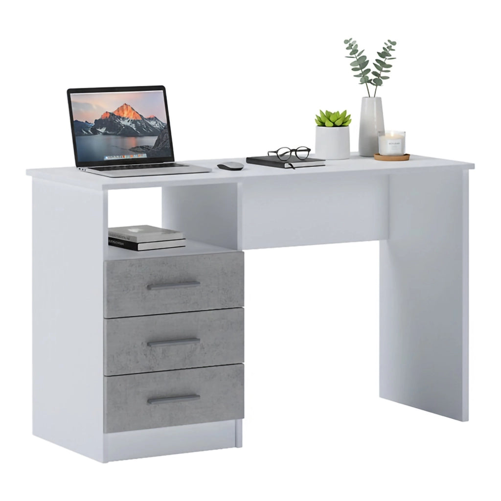 Scrivania Ardauli, Scrittoio multiuso, Tavolo per ufficio porta PC, Piano di lavoro, 120x48h75 cm, Bianco e Cemento