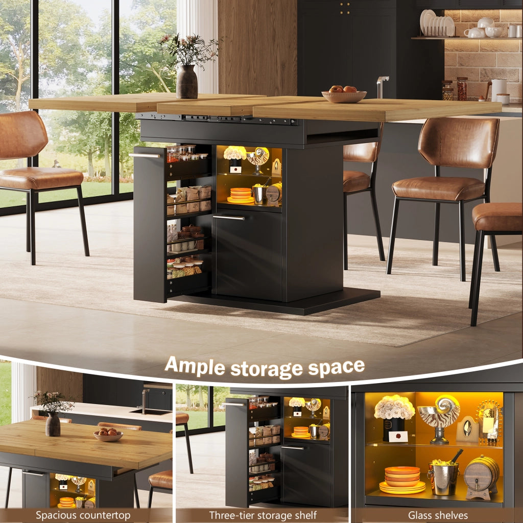 Tavolo da pranzo allungabile con vano contenitore e LED, ripiani in vetro, per 4-6 persone, in MDF nero 140 × 80 × 77,2 cm