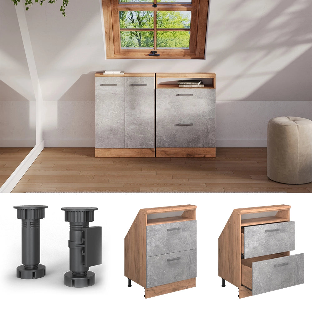 Mobile sottotetto Rion Calcestruzzo/Rovere dorato con 2 cassetti Vicco