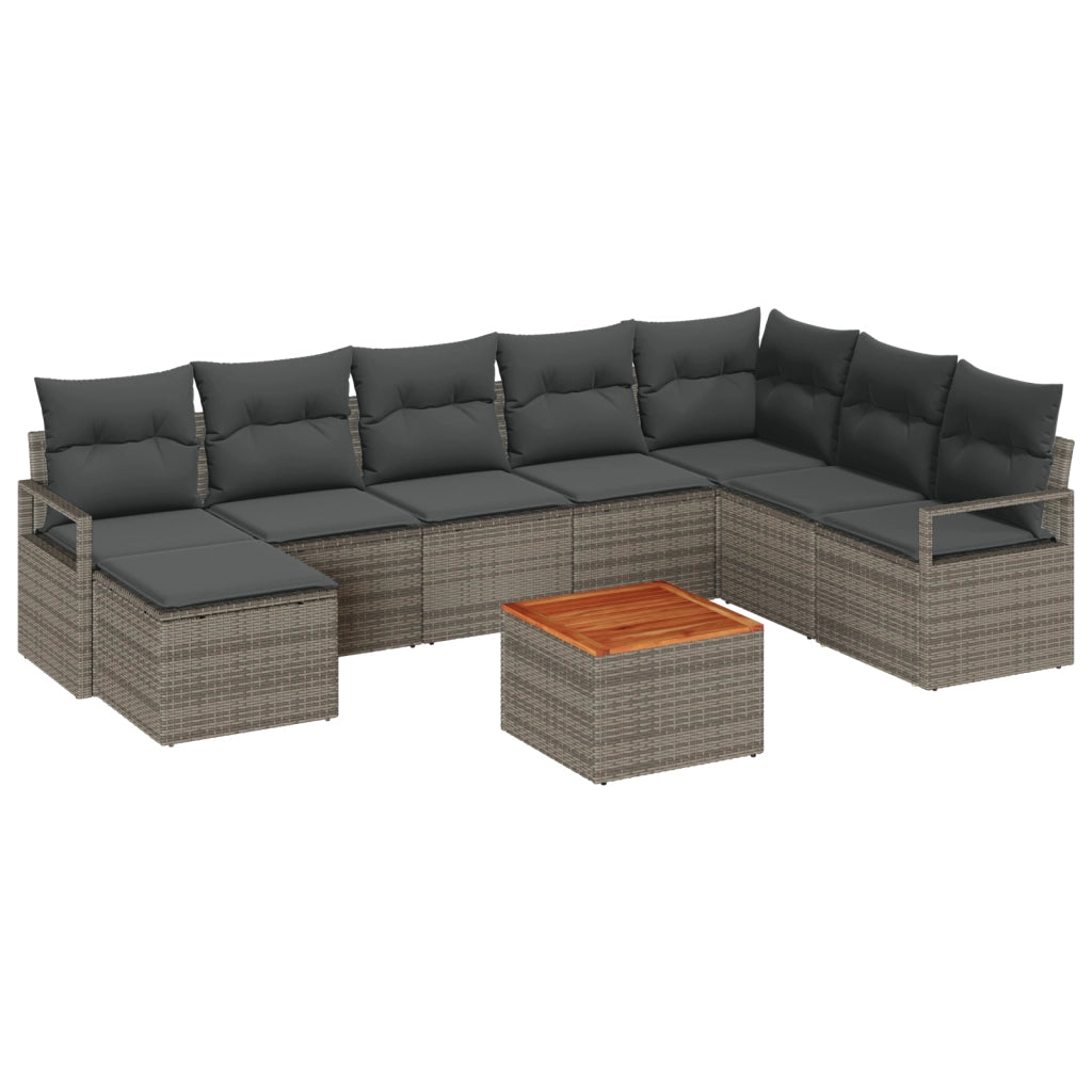 Set Divano da Giardino  9 Pezzi con Cuscini Grigio in Polyrattan Acacia