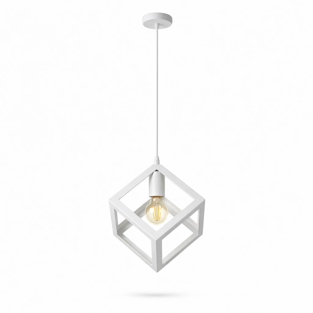 Lampadario Cubo Geometrico a Sospensione Bianco Attacco E27 Lampada Industrial Moderna Metallo per Cucina Tavolo Soggiorno Ristorante