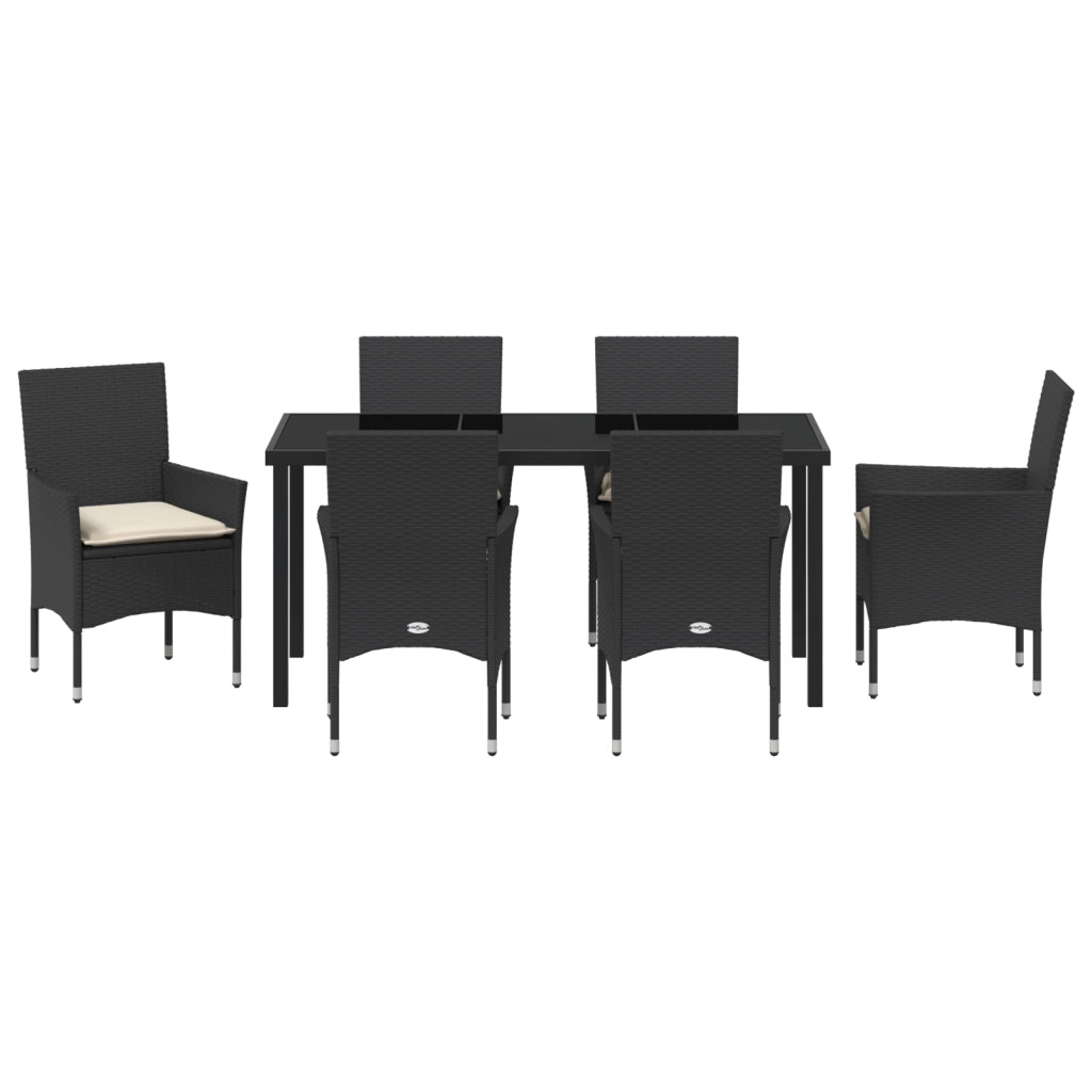 Set da Pranzo da Giardino  da 7 Pezzi con Cuscini in Polyrattan Nero