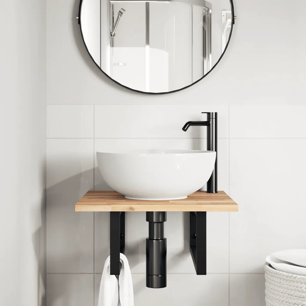 Ripiano a Parete per Lavabo in Acciaio e Massello di Acacia
