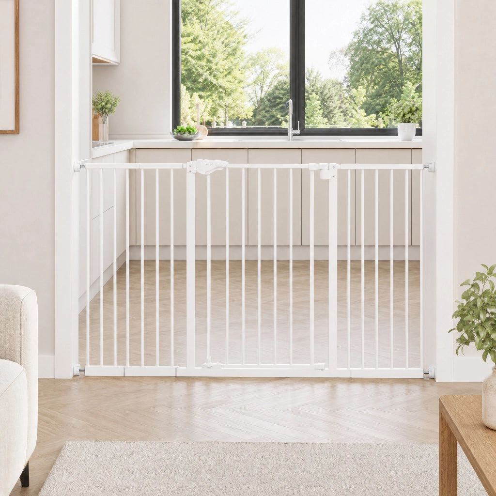 Cancelletto per cani 68x77 cm con chiusura automatica e doppia serratura; bianco