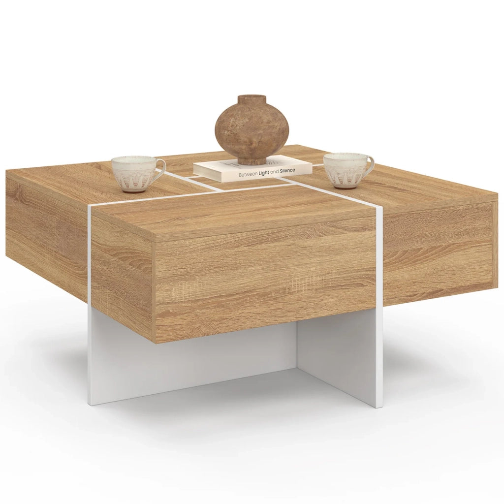 IDMarket - Tavolino quadrato TALIA 70 cm con cassetti in legno e bianco
