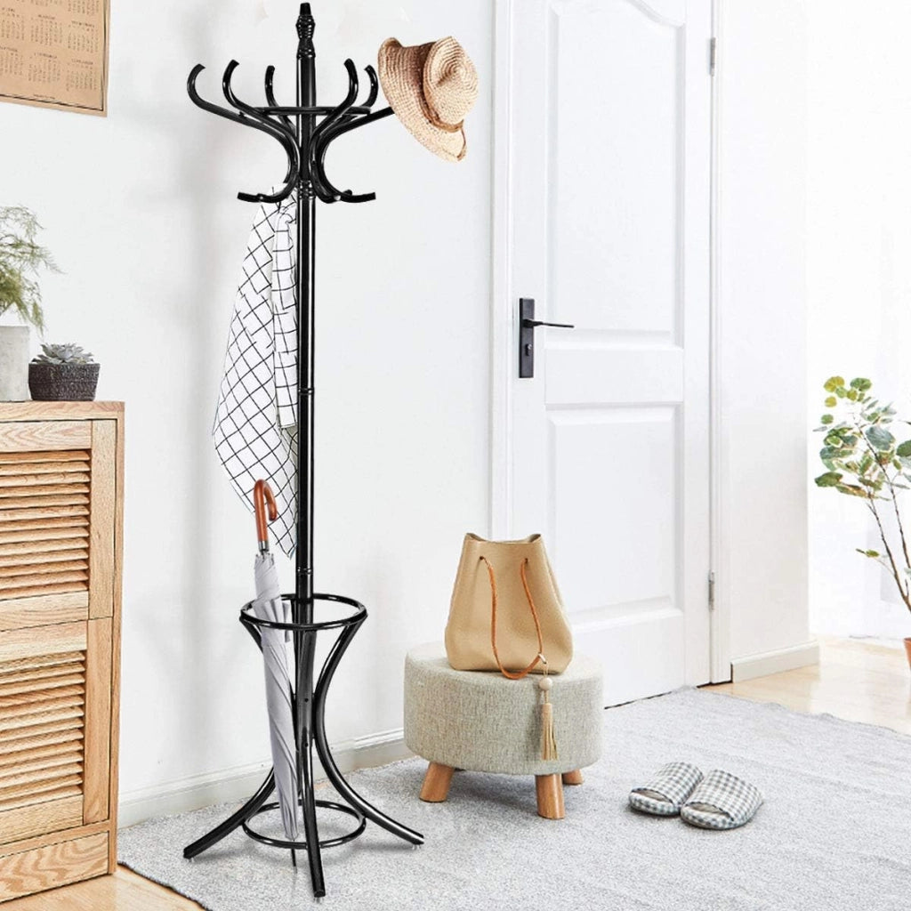 Attaccapanni da Terra Appendiabiti a piedi con 12 Ganci in Legno Ecologico, 51 x 51 x 184 cm (Nero)