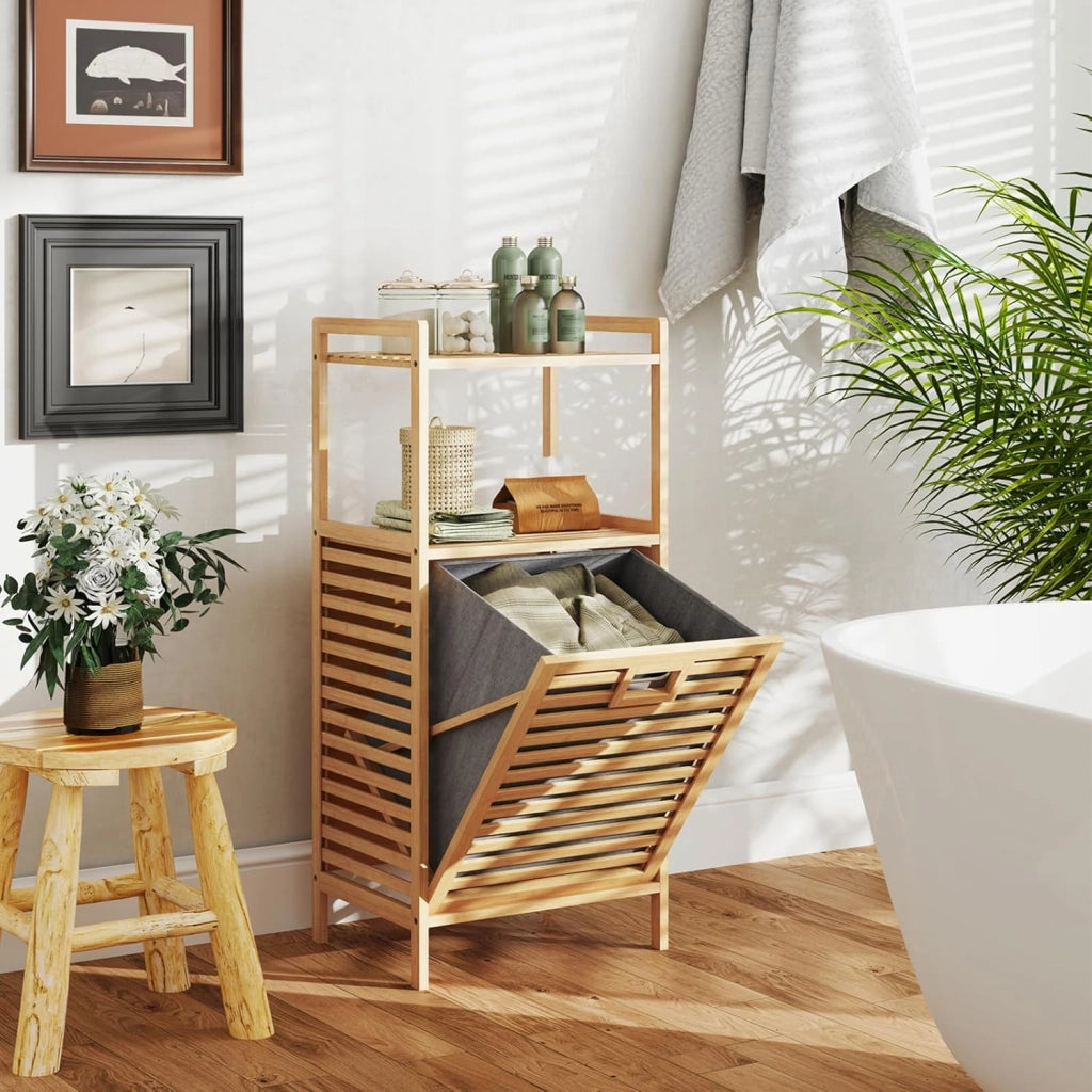 Mobiletto con Portabiancheria a 2 Ripiani da Bagno a Ribalta, Cesto per Bucato in Bambù da 43L, Cesto per Lavanderia Sporca in Tessuto Pieghevole, 43,5 x 33 x 96 cm, Naturale