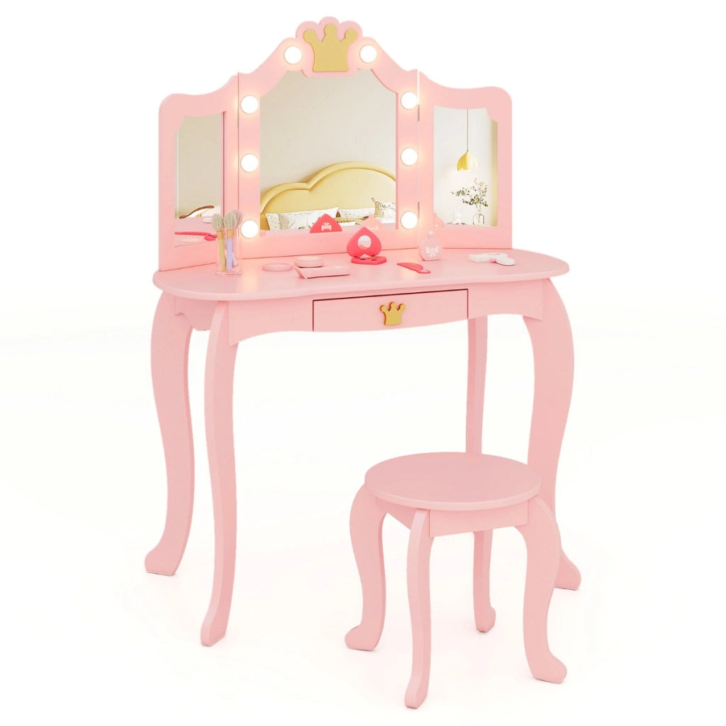Set da trucco per bambini con specchio illuminato, Set da trucco con tavolo e sedia con specchio Rosa