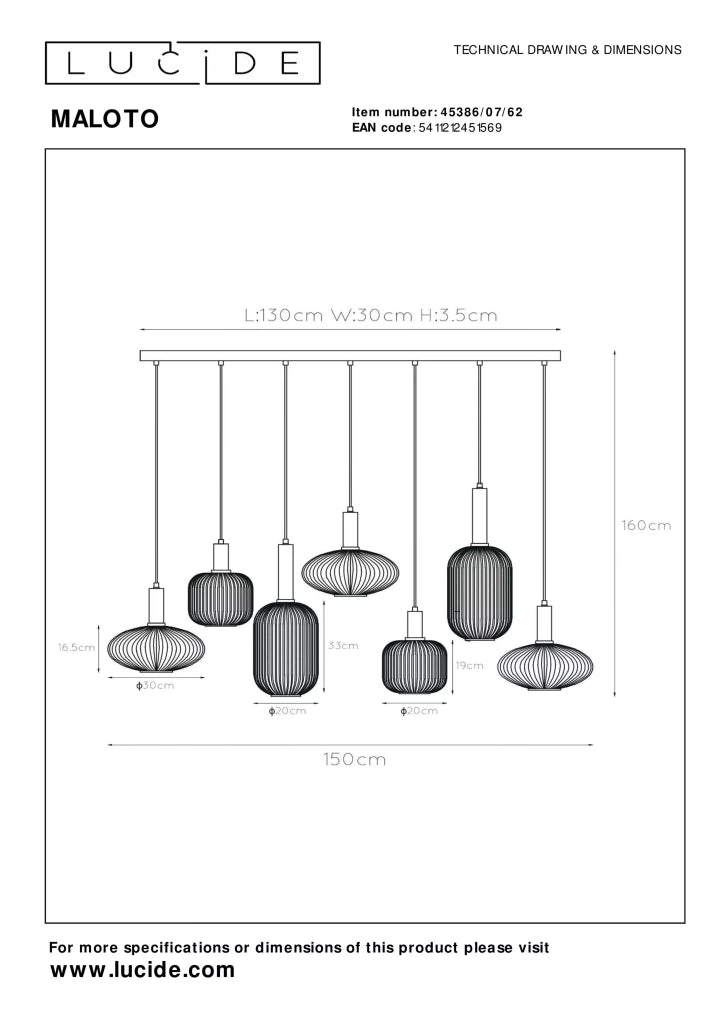 Lampadario Lucide Maloto ottone 7xE27 vetro rigato
