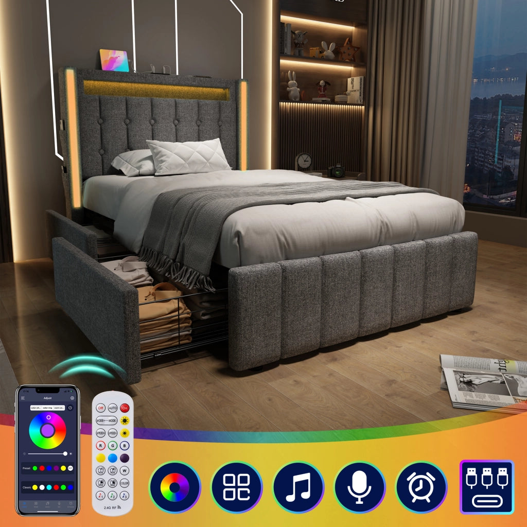 LETTO Singolo 90x200 cm in Lino Grigio con USB Type-C, LED e 2 Cassetti