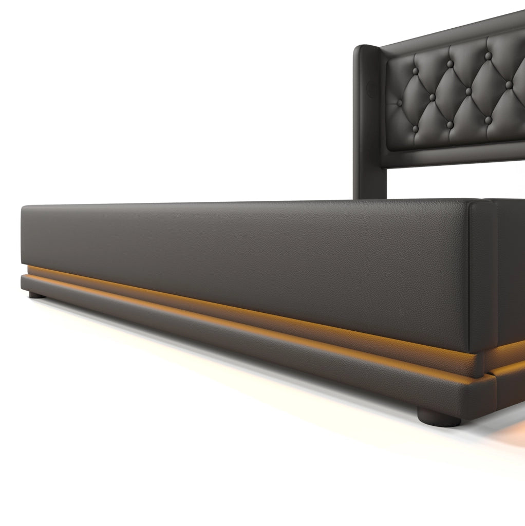 Letto matrimoniale 160x200 cm in PU nero con contenitore; testiera imbottita; LED e USB-C