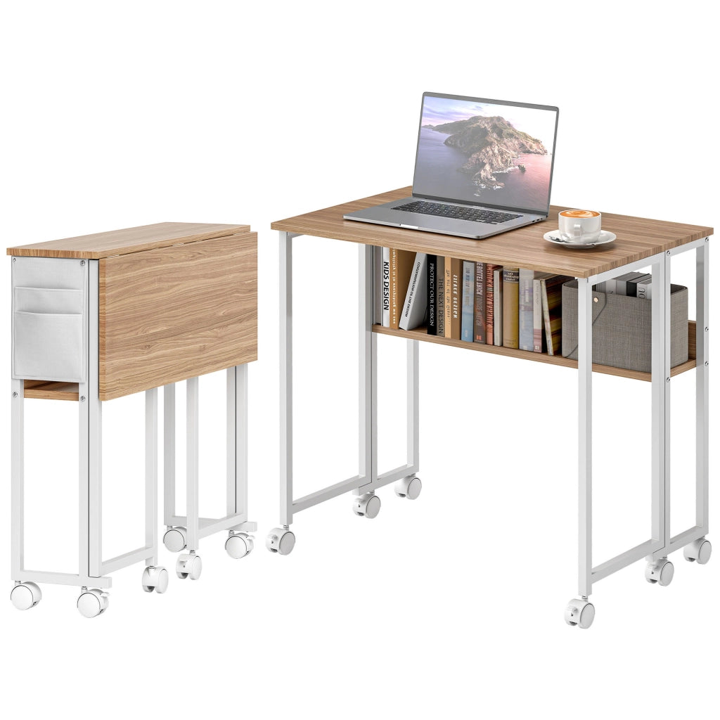 Scrivania Pieghevole con Ruote e Ripiano ¨C zephmum ¨C 80x50x75 cm Bianco e Naturale