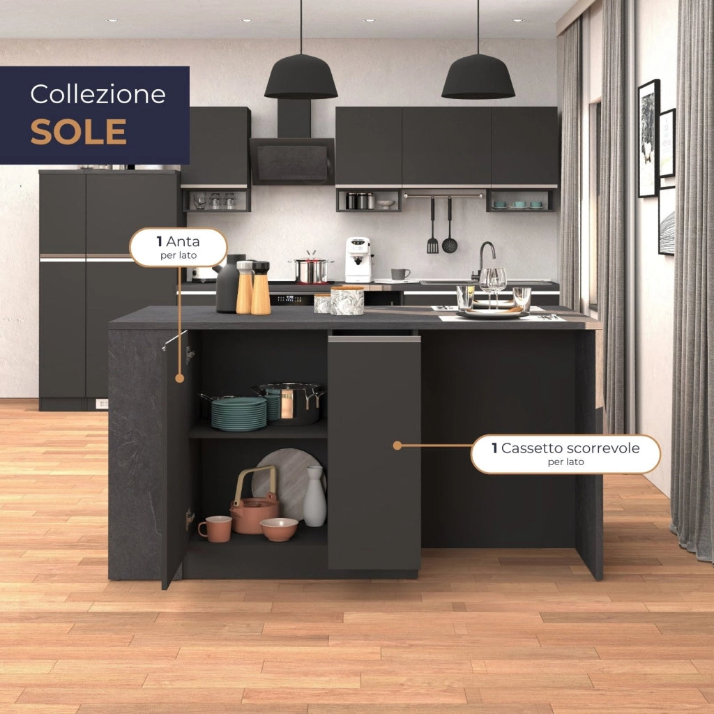WHOUS Isola da cucina Sole 2 ante 2 cassetti e 1 scaffale antracite opaco/report 168x90x91 cm