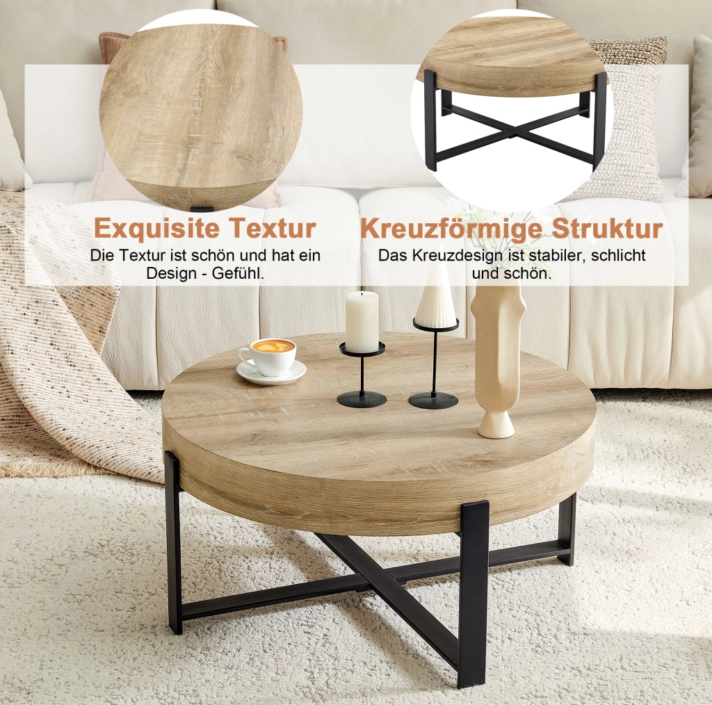 Tavolino da caffè rotondo ?68 cm in MDF e metallo nero; effetto legno
