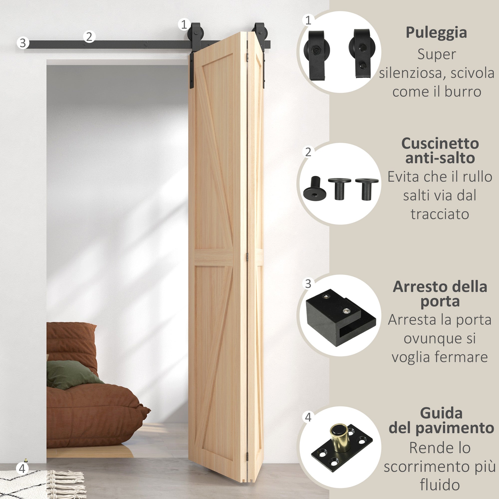 Kit Porta Scorrevole a Libro 122x0.5x4 cm con Binario e Cerniere in Acciaio al Carbonio Nero