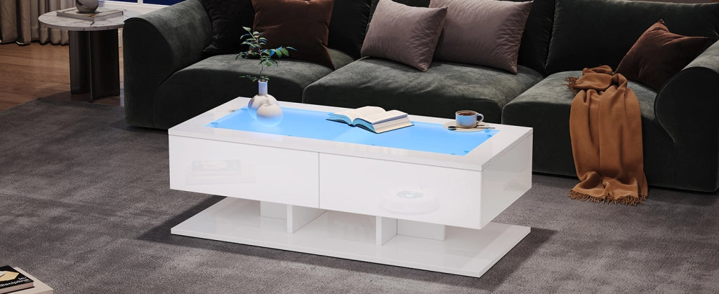 TAVOLINO DA SALOTTO 100x50x35 cm Bianco lucido con 2 cassetti e piano in vetro