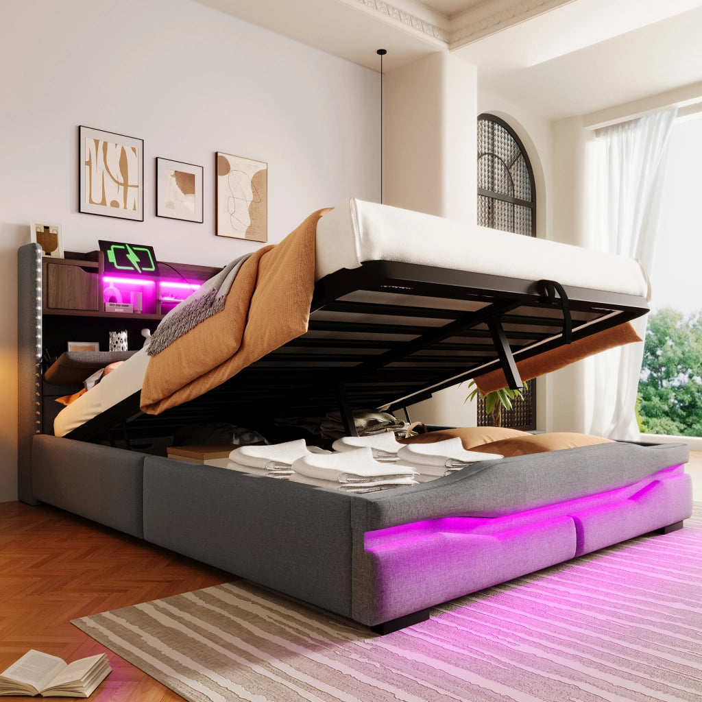 DESMIU Letto contenitore 140 × 200 cm 2 posti con LED, USB, Type-C e vano idraulico, senza materasso, grigio