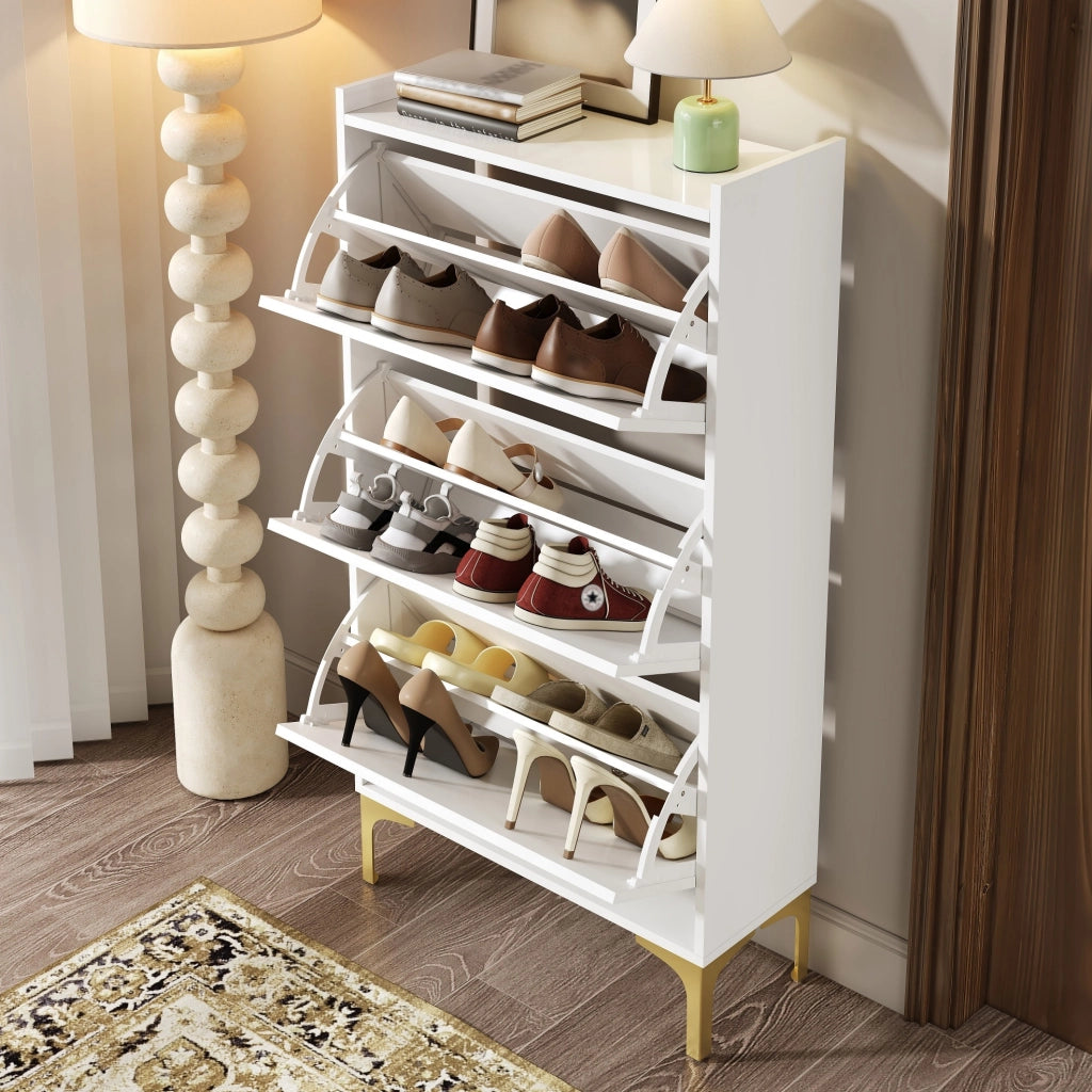 Scarpiera moderna a 3 ante con vani chiusi; 63x24x120 cm in MDF bianco con gambe dorate