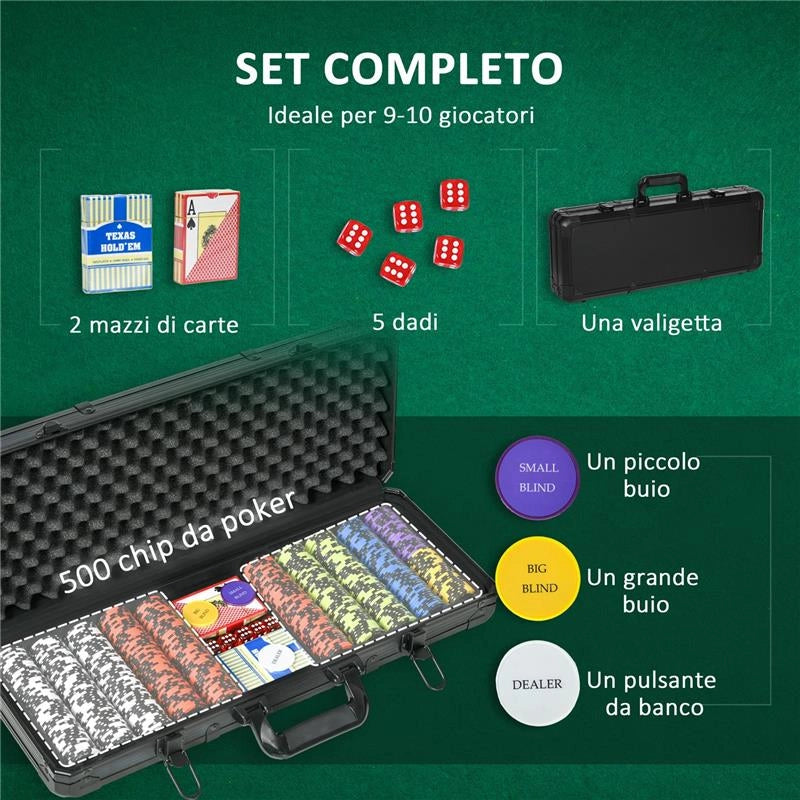 SET POKER CON 500 FICHES, 2 MAZZI DI CARTE, 5 DADI, PULSANTI E VALIGETTA PROTETTIVA IN ALLUMINIO NERO