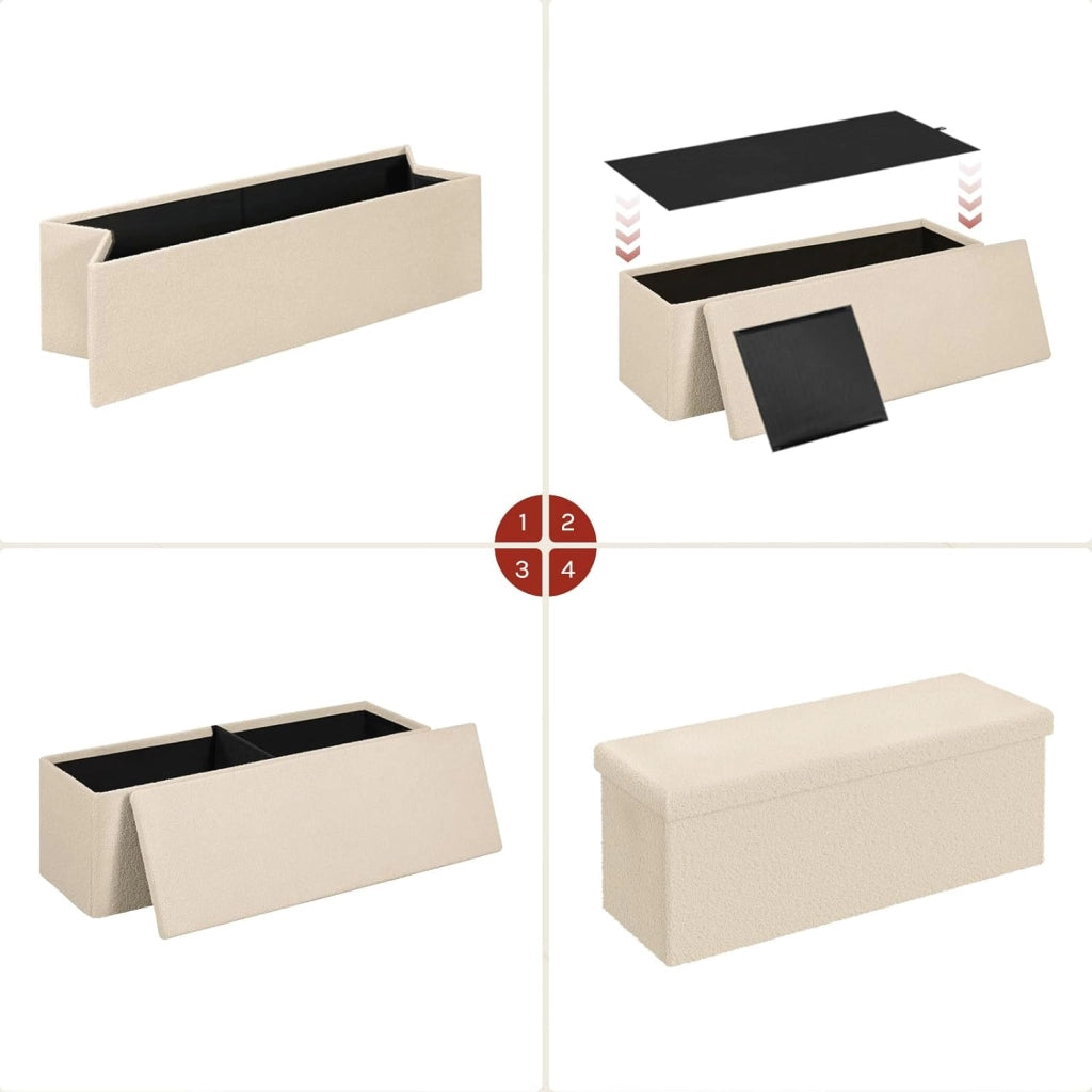 Cassapanca Contenitore da Interno, Pouf Poggiapiedi Pieghevole, con Pannello Divisorio, Rivestimento in Tessuto Teddy, per Camera da Letto, Ingresso, Soggiorno, 110x38x38,5 cm, Beige