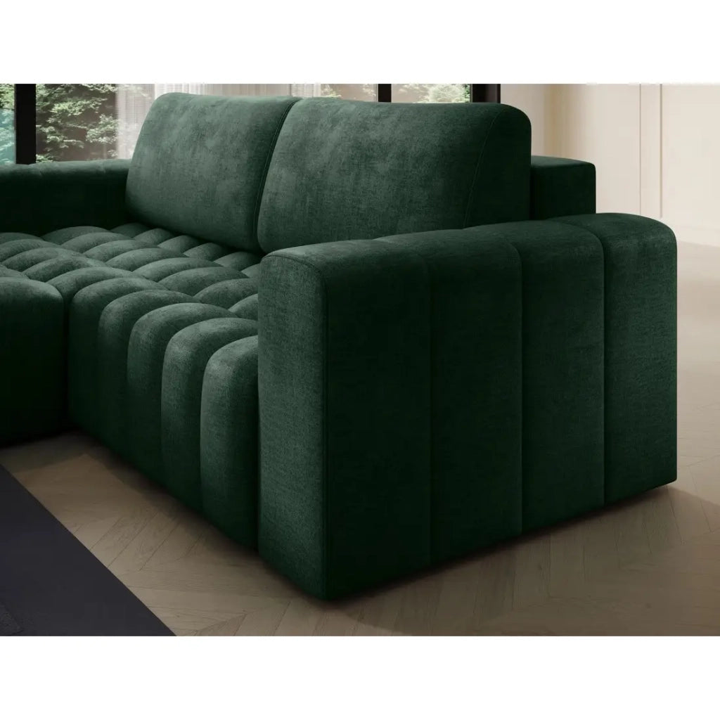 Divano ad angolo convertibile DORY verde scuro 250 cm con contenitore angolo sinistro