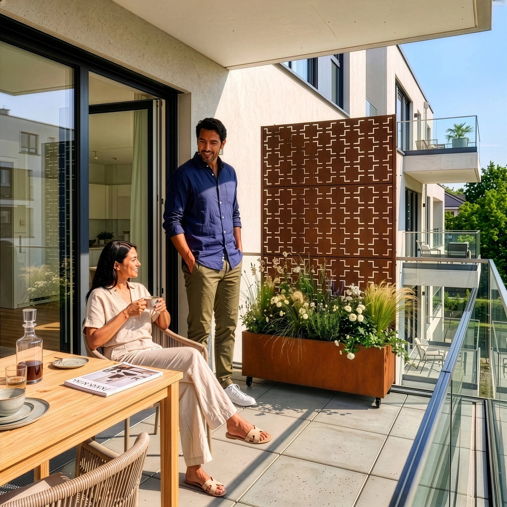 Fioriera con Spalliera Aaskis a Rotelle in Acciaio Corten 190 x 82 x 38 cm - Marrone Ossidato casa.pro
