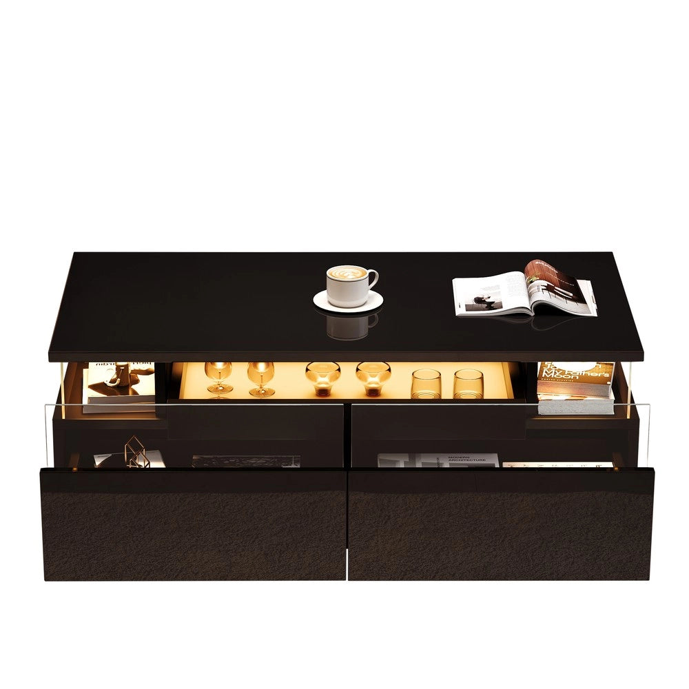 Tavolino da Caff¨¨ con LED e Cassetti ¨C MINIMAL ¨C Vetro Temperato, Nero, 90x45x35.5 cm