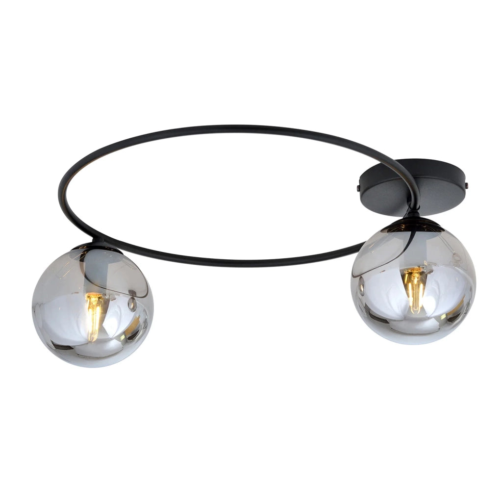 Plafoniera Minimal 2 Luci Perseo In Acciaio Nero E Sfere In Vetro Fumè