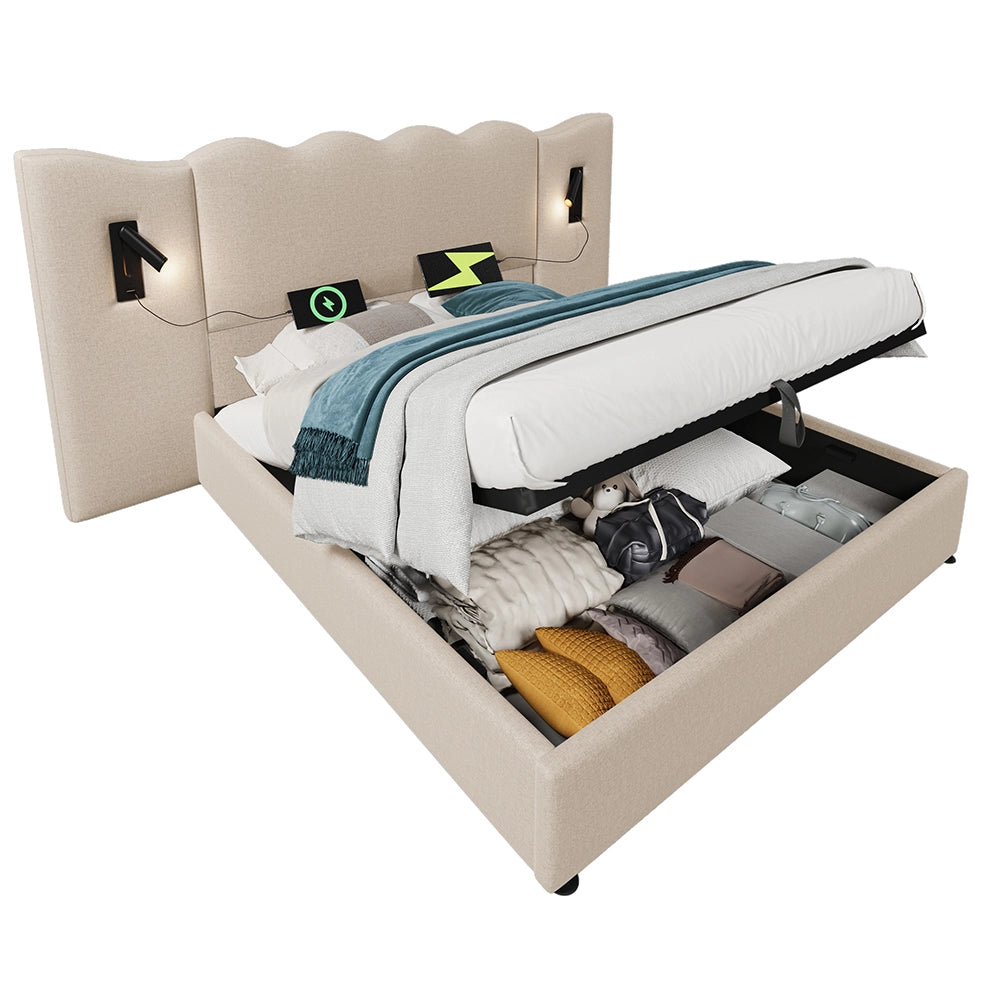 Letto matrimoniale con materasso - Xylo - 160x200 cm - Beige - Luce lettura USB-C