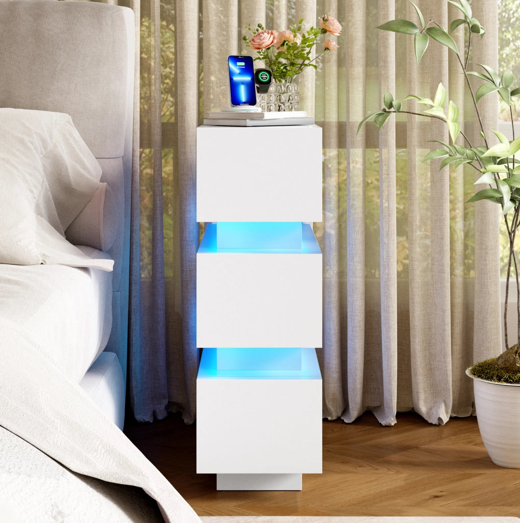 Set di 2 comodini stretti con 3 cassetti; USB e Type-C; LED; 20x40x59;5 cm; bianco