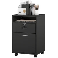 Mobiletto da Ufficio in Legno con Ripiano Aperto, Cassetto con Serratura e Armadietto, 40x35x60 cm, Nero