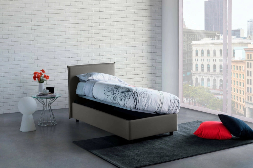 Letto singolo Acuila, Letto contenitore con rivestimento in tessuto, Made in Italy, Apertura laterale, adatto per materasso cm 80x190, Grigio