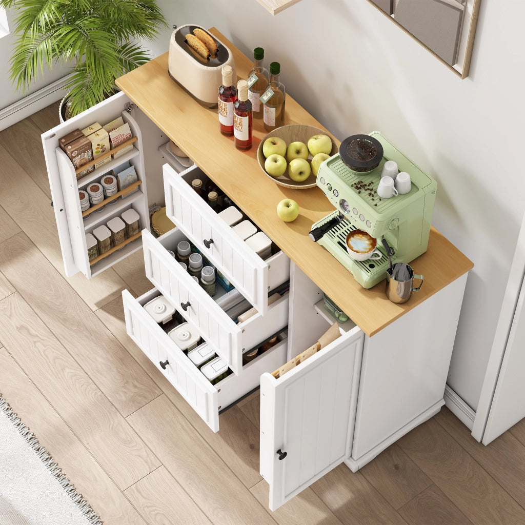 Credenza e madia con 3 cassetti, ante e ripiani regolabili per cucina soggiorno e sala da pranzo in MDF bianco 126 × 40 × 86 cm