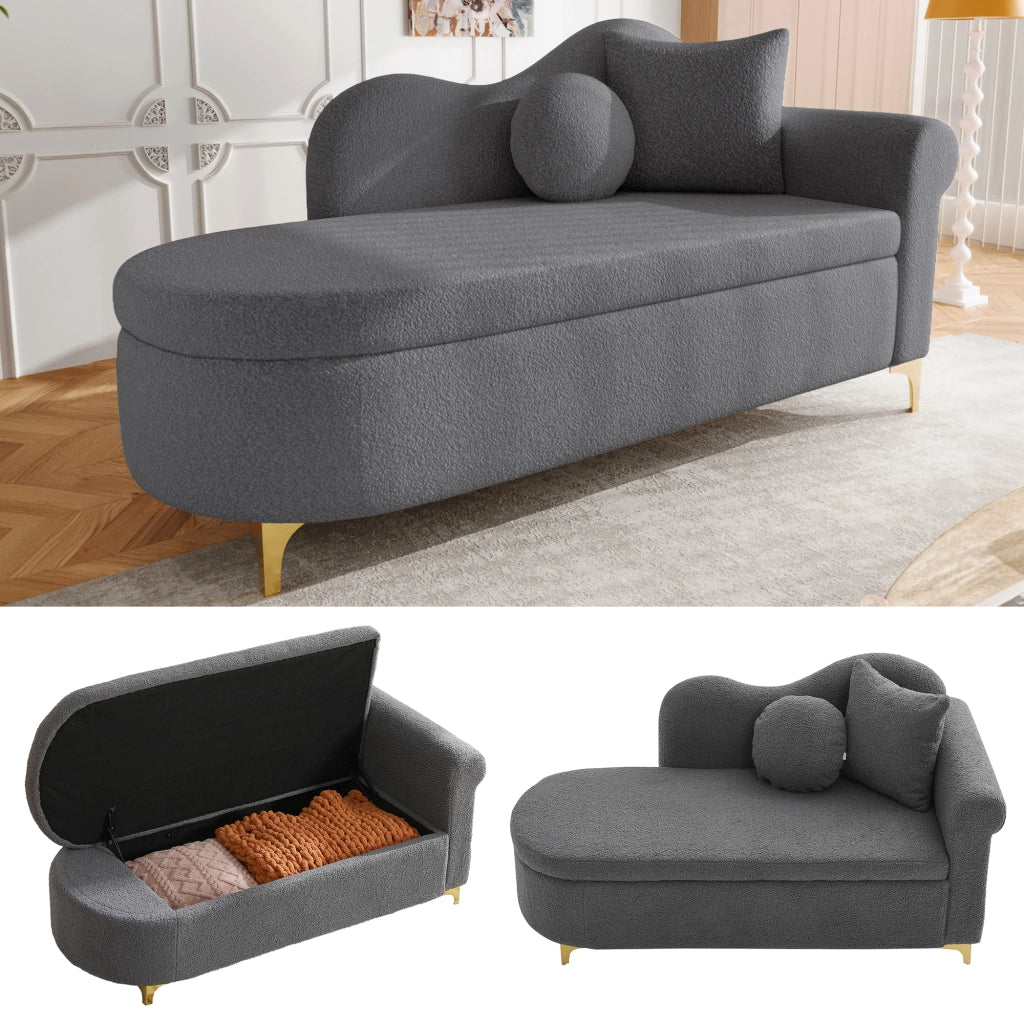 Chaise longue con vano contenitore, schienale ondulato e cuscini, in tessuto effetto teddy e metallo grigio antico