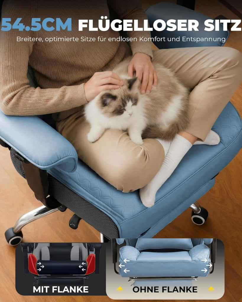 Sedia da gaming ergonomica da ufficio 180 kg, con supporto lombare regolabile e poggiapiedi, design ibrido in ecopelle e mesh, schienale regolabile a 150°, sedia direzionale alta, blu