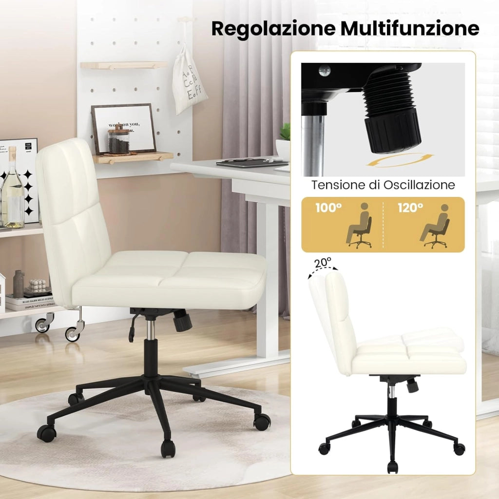 Sedia da Ufficio con Ruote, Sedia Scrivania a Gambe Incrociate Rivestita in Pelle PU, Sedia Ufficio con Altezza e Regolabile Regolabile, Sedai senza Braccioli, Portata 150 kg (Beige)