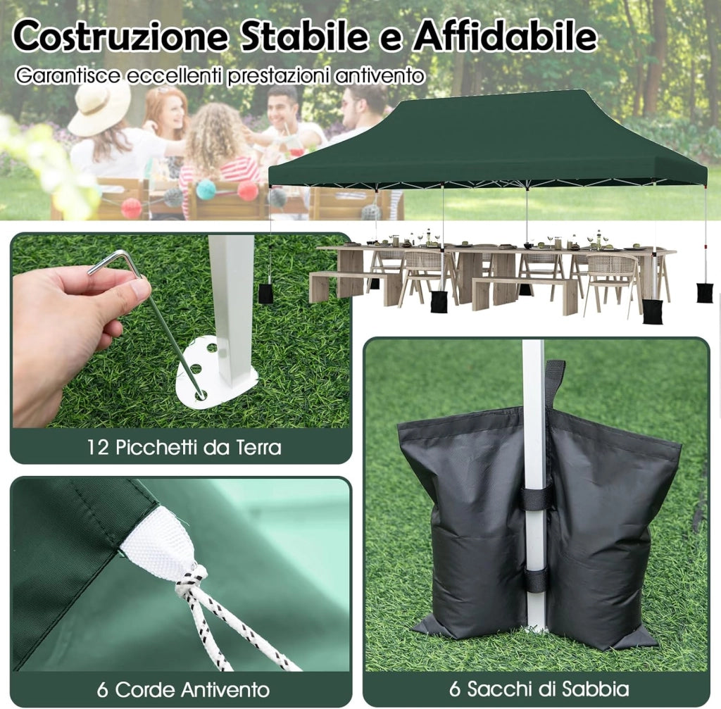 Gazebo Pieghevole da Giardino 3 x 6m, Gazebo Pop-up con Borsa da Trasporto, Regolabile in Altezza, per Feste (Verde)