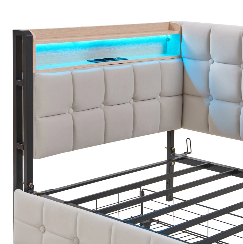 LETTO Imbottito 90 x 200 cm Beige con 2 Cassetti, LED e porte USB/Type-C